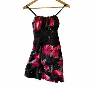Black Floral Print Prom Satin Bubble Mini Dress XS